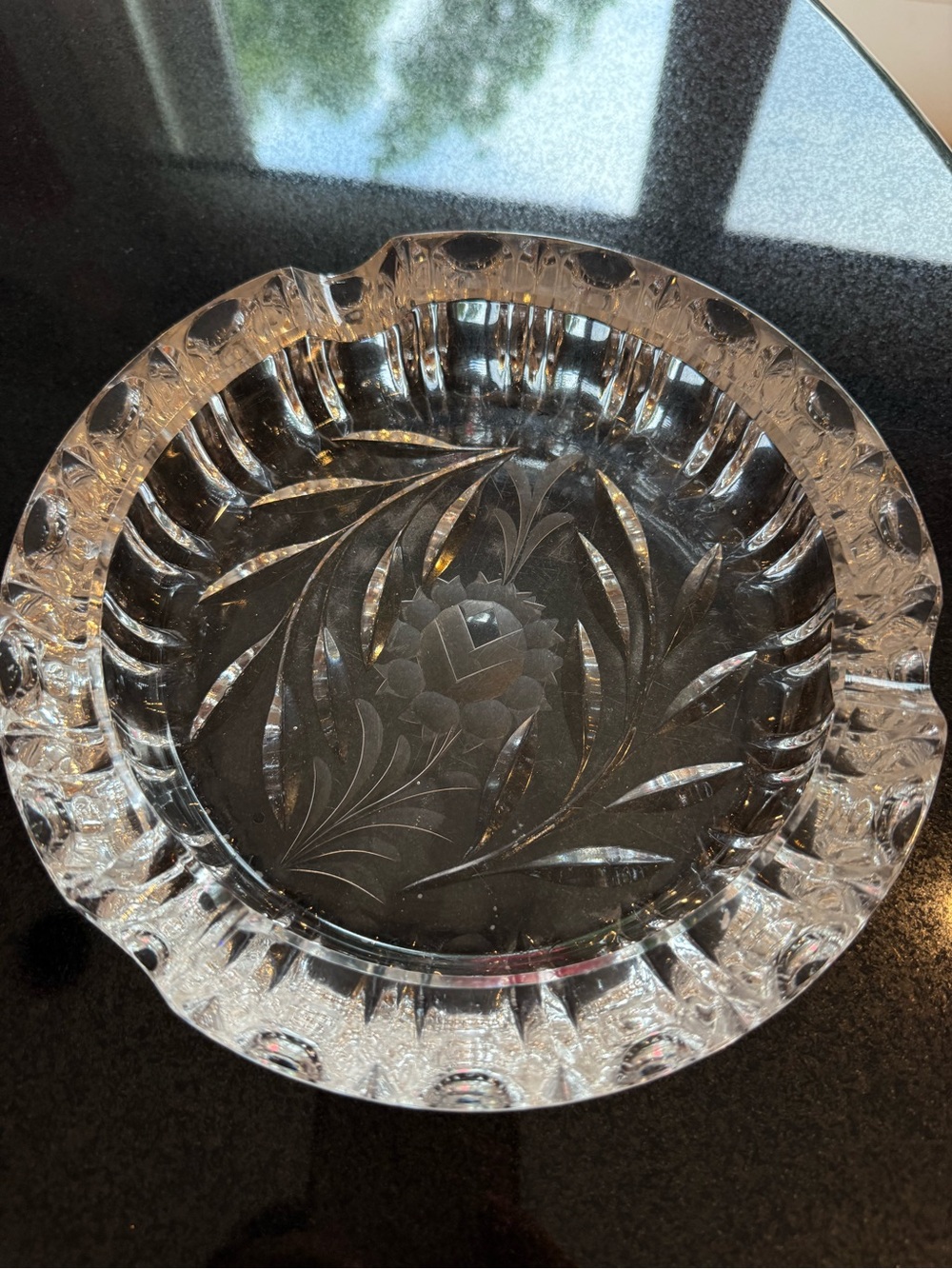 Cut Crystal Decorative Cigar Ashtray - Clear Etched Floral Design